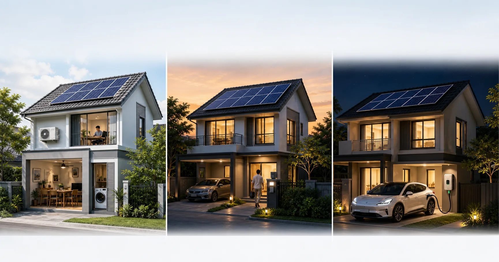 ภาพจำลองบ้านสามหลังที่ใช้ไฟกลางวัน ช่วงเย็น และชาร์จรถ EV กลางคืน