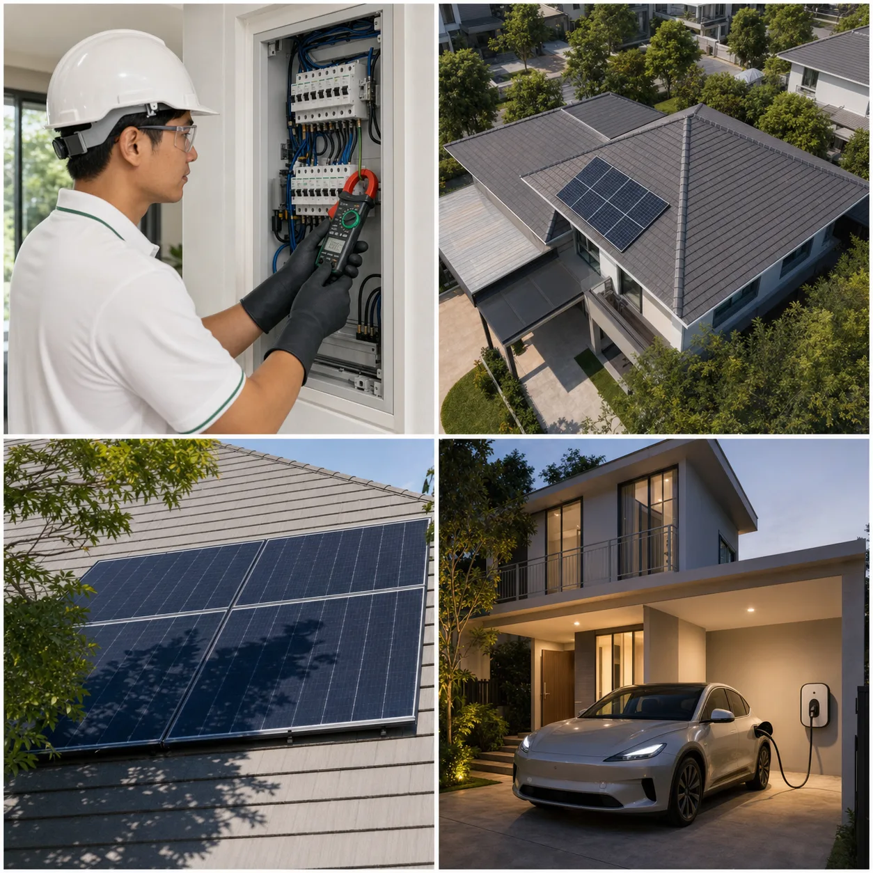 ภาพจำลองช่างตรวจวัดโหลด พื้นที่หลังคา เงาบังบนแผง และรถ EV ที่ชาร์จช่วงเย็น